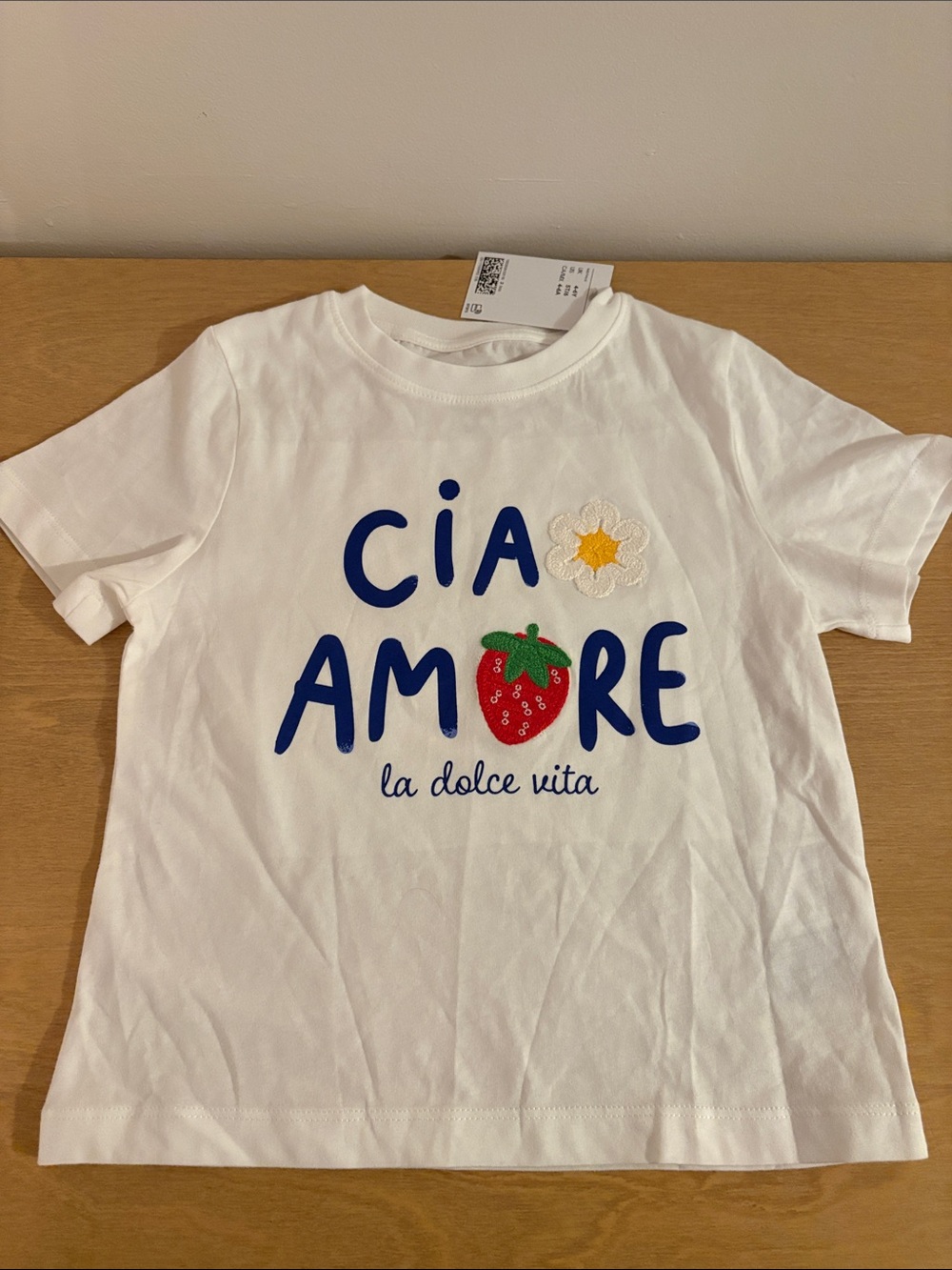 H&M White 'Ciao Amore' Graphic Tee with Strawberry Patch